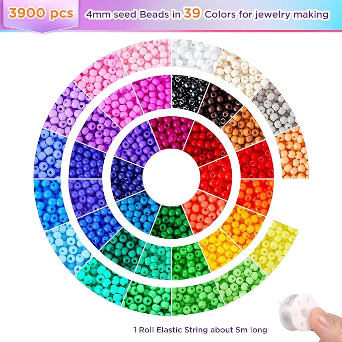 Funtopia 4mm Seed Beads for Jewelry Making, 39 Colors Uniform Small Beads for Bracelet Making Kit, 3900pcs Glass Seed Bead Kit with Instructions, Tiny Craft for DIY Art Jewelry Making