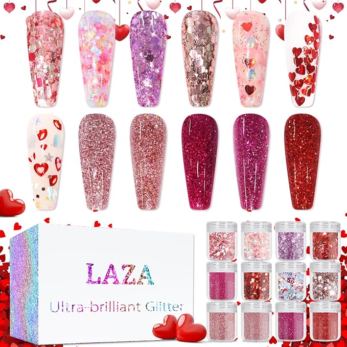 Laza 12 Colors Nail Art Glitter for Valentine’s Day Nail Stickers Chunky Red Glitter Powder Fairy Dust Pink Nail Charms Sparkle Confetti Sequins Foil Flakes for Nails, Makeup, Resin — Glittery Love