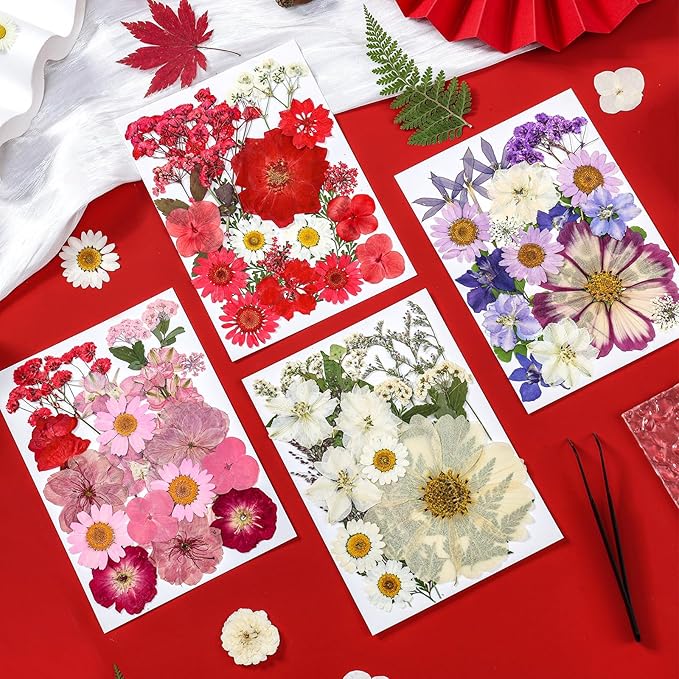 85Pcs Pressed Flowers for Crafts, Real Dried Flowers for Crafts Dried Pressed Flowers Dry Leaves in Red, White, Pink & Purple for Resin, DIY Art, Scrapbook, Jewelry, Candle & Soap Making with Tweezer