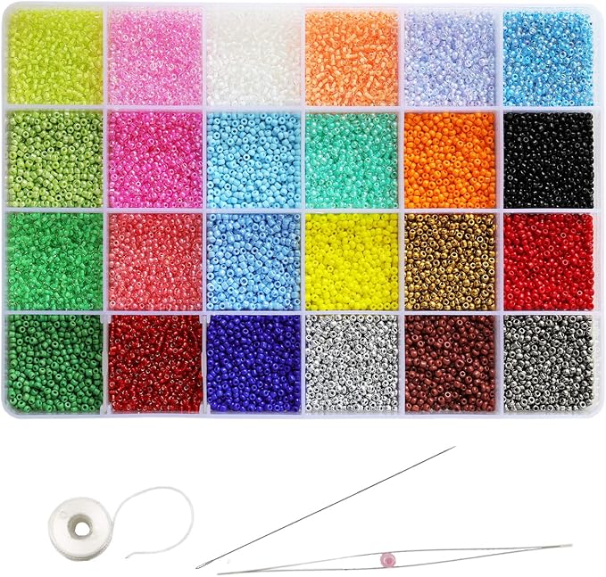 Size 12/0 Crafts Glass Seed Beads 2mm Tiny Pony Beads Assorted Kit with Organizer Box for Jewelry Making (24 Assorted Multicolor Set, Total About 24000pcs)