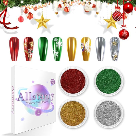 Allstarry Chrome Nail Powder 4 Colors Metallic Mirror Effect Pigment Chrome Iridescent Nail Glitter Magic Unicorn Glitter Dust Kit for Gel Polish Nail Art Decoration Resin Craft, Festivals