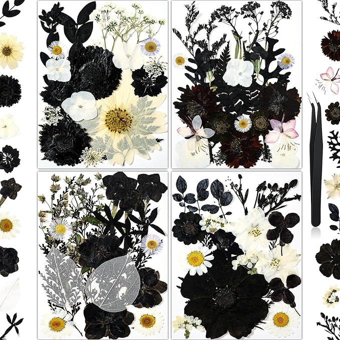 85Pcs Black Dried Flowers for Crafts, Natural Pressed Flowers for Crafts Real Dried Pressed Flowers Dry Leaves for Resin, DIY Art, Scrapbook, Nails Decor, Jewelry, Candle & Soap Making, with Tweezers