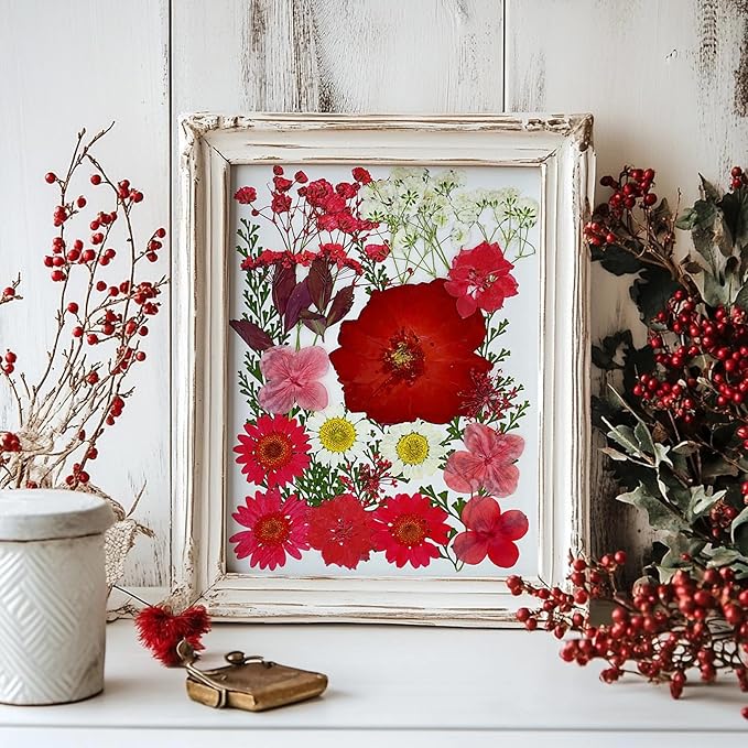 85Pcs Pressed Flowers for Crafts, Real Dried Flowers for Crafts Dried Pressed Flowers Dry Leaves in Red, White, Pink & Purple for Resin, DIY Art, Scrapbook, Jewelry, Candle & Soap Making with Tweezer