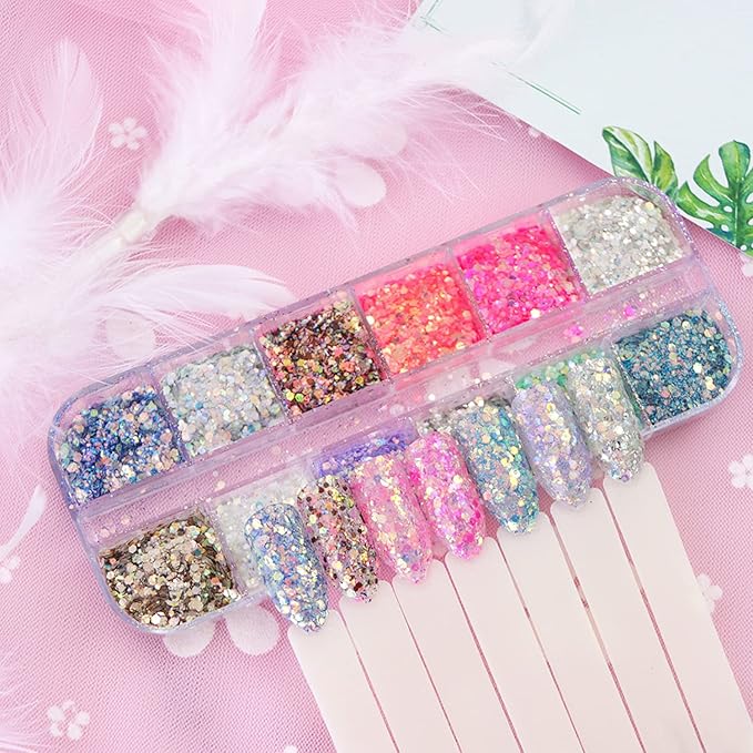 12 Colors Iridescent Glitter Nail Art Sequins, Colorful Sparkly Nail Flakes Design, Holographic Ultra-Thin Hexagon Powder Acrylic Supplies for Women Girls Manicure Summer Decorations, 3D Accessories