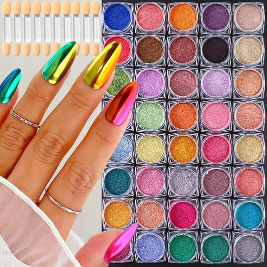 40 Colors Metallic Mirror Chrome Nail Powder Set, Professional Metallic Mirror Pigment with Holographic Shine, Includes Rose Gold Silver Champagne Shades for DIY Nail Art & Salon Manicure