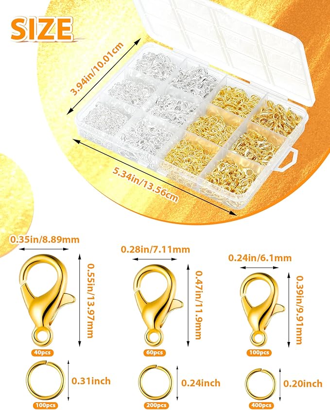 1800PCS FIVEIZERO Lobster Claw Clasps and Jump Rings Set - Gold and Silver Jewelry Clasps for Necklace, Bracelet, Keychains, and DIY Jewelry Making Supplies