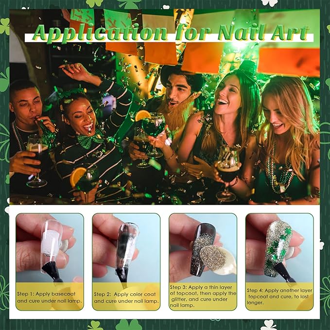 Laza St. Patrick's Day Nail Art Glitters 12 Colors Holographic Green Gold Fine Powder Chunky Clover Hexagon Sequins Confetti Nail Flakes for Nail Supplies Festival Craft Decoration - Verdant