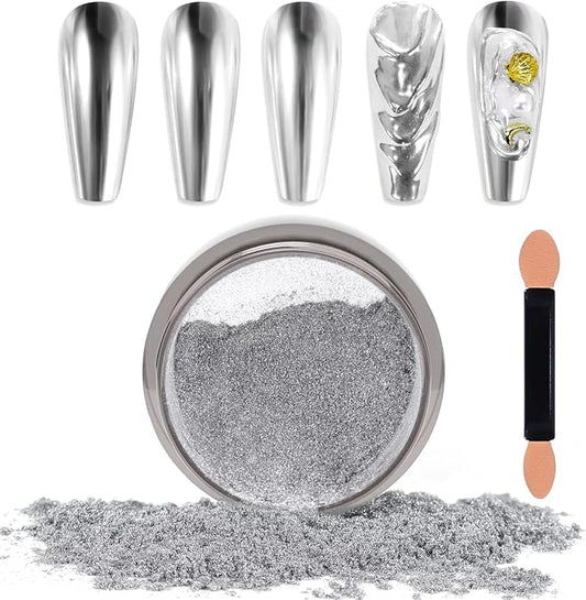 Laza Chrome Nail Powder Mirror Effect Metallic Dust Holographic Glitter Glazed Manicure Decoration Reflective Pigment for DIY Gel Polish Nail Art, Resin Craft, Gifts - Silver