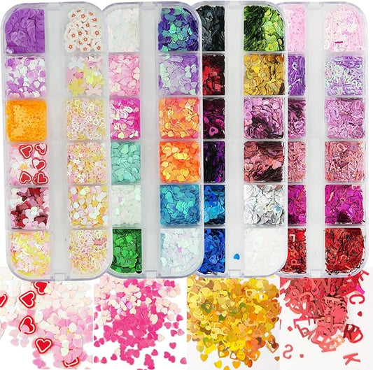 AddFavor 4 Boxes Holographic Nail Glitter Mixed Iridescent Glitters Sequin Flakes Heart Letter Lovely DIY Design Manicure Nail Art Decorations Sets for Nail Art/Craft/Makeup