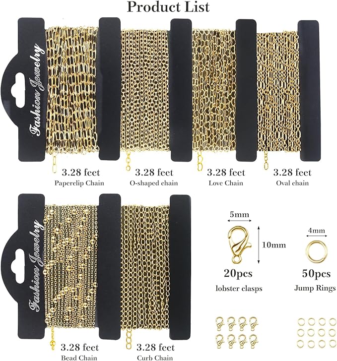 14k Gold Necklace Chains for Jewelry Making, Total 20 Feet 6 Rolls Bracelet Chains for DIY, 3.3 Feet Each Style, 14K Gold Plated Chain with Jump Rings/Lobster Clasps/Connectors