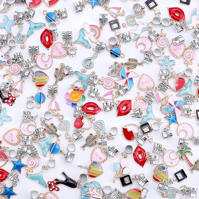 60 Pieces Assorted European Beads with Plating Silver Metal Alloy Rhinestone Large Hole Spacer Beads for DIY Charm Bracelet Jewelry Making (Alloy Coating Color Pendant)