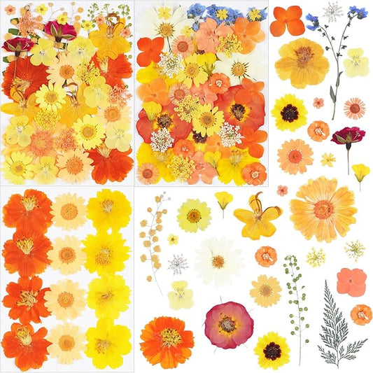 96Pcs Fall Dried Pressed Flowers for Crafts,Xinxinran Orange Dry Flowers Kit for Resin Molds,Epoxy Resin Accessories,Bookmark,Nails, Jewelry Molds,Candle Making Supplies,Soap,Frame,Cakes