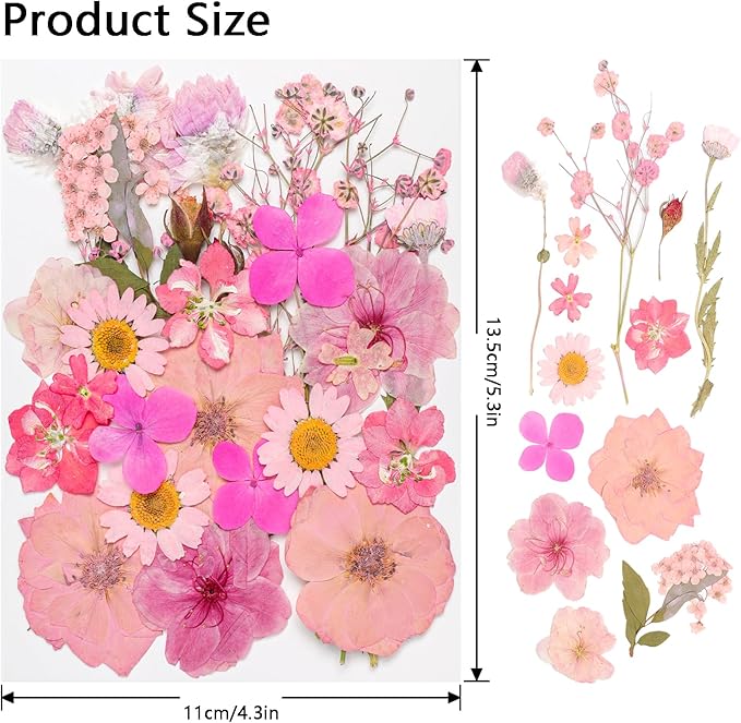 50Pcs Dried Pressed Flowers Real Pressed Flowers Natural Dry Leaves Bulk Mixed Colorful Herbs Kit with Tweezers for Scrapbooking DIY Candle Jewelry Crafts Making Nails (Pink)