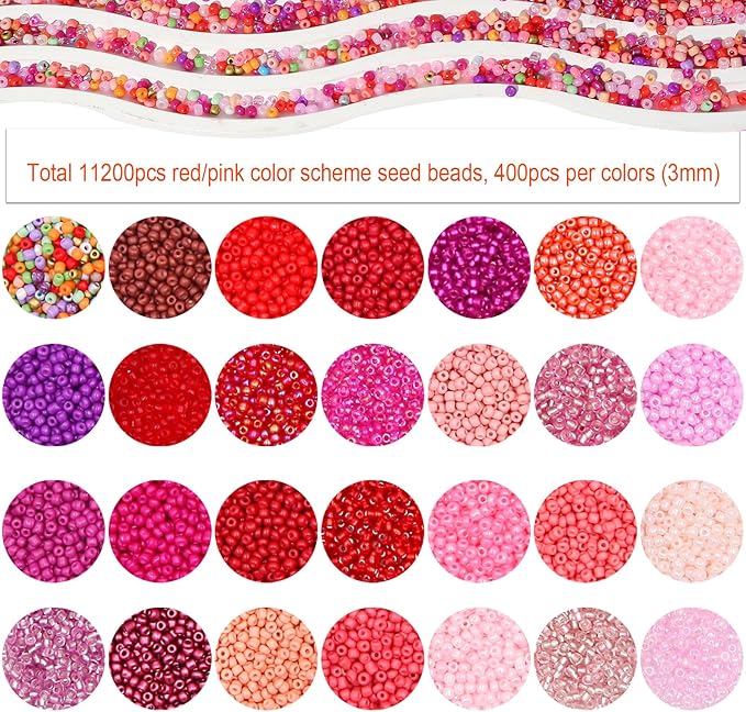 JOJOPLAY 11200pcs Glass Seed Beads for DIY Crafting Bracelet Necklace Embroidery Jewelry Making Supplies (3mm, 400pcs/Color, 28 Colors, Red Scheme)