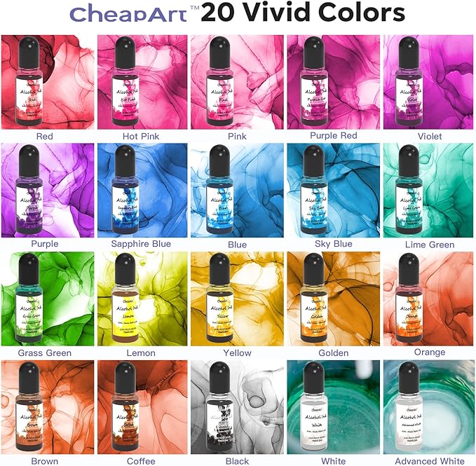 CHEAPART Alcohol Ink Set 24 Vibrant Colors Resin Dye High Concentrated Fast Drying Alcohol Based Epoxy Resin Pigment Resin Art Tumblers Coaster Acrylic Fluid Painting Crafts (24x10ml/0.35 fl oz)