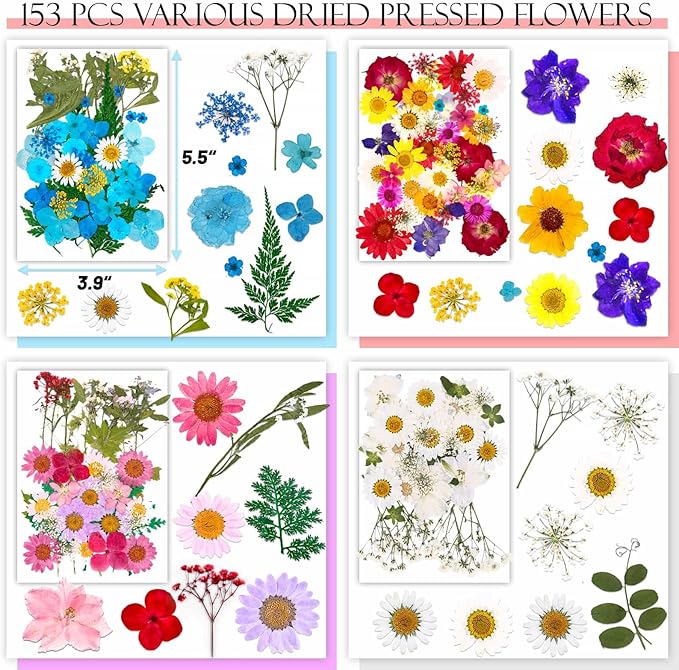 153 Pcs Dried Pressed Flowers for Crafts, Real Pressed Wildflowers Natural Dry Leaves Bulk with Tweezer for Epoxy Resin Jewelry Molds, Candle Soap Making, Scrapbook, Bookmark, Nails Decor