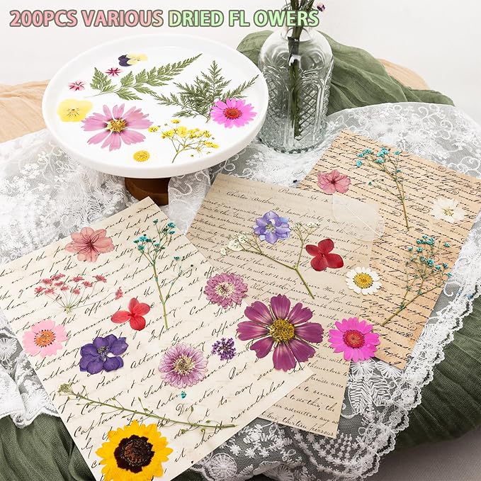 200Pcs Dried Pressed Flowers Resin Mould Real Flowers Natural Dry Leaves Bulk Mixed Colorful Herbs Kit with Tweezers for Scrapbooking DIY Candle Jewelry Crafts Making Nails Decoration(Multicolor)