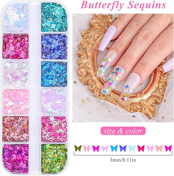 5 Boxes 60 Colors Holographic Nail Art Sequins Kit,Fruit Slice,Iridescent Sparkle Laser Hollow 3D Star Butterfly Heart Round Mixed-shapes Nail Glitter Flakes for Manicure Body Makeup(3-colorful-kit3)