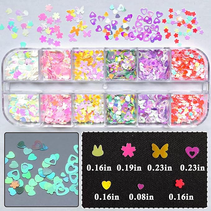 AddFavor 4 Boxes Nail Glitter Luminous Mermaid Chunky Glitter Flakes Fluorescent Mixed Shaped Flower Heart Star Nail Sequins Decals for Nail Art/False Eyelash Decor