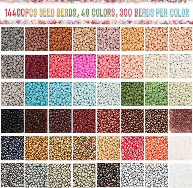 EuTengHao Glass Seed Beads for Bracelet Making Kit, 8/0 Small Pony Beads for Bracelet Necklace Jewelry Making DIY Crafting (3mm, 48 Colors, Frosted Glass and Lacquered)