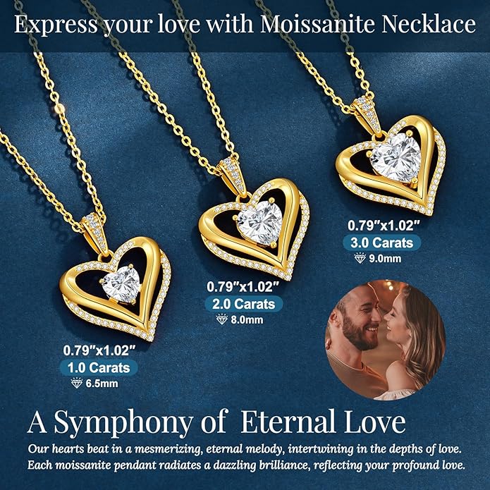 Moissanite Infinity Love Heart Pendant Necklaces for Women, 1-3 Carat 925 Sterling Silver 18K Gold Plated Engraved with"I LOVE YOU', Anniversary Birthday Present Jewelry Christmas Valentines Day Gift for Women Wife Girlfriend Her
