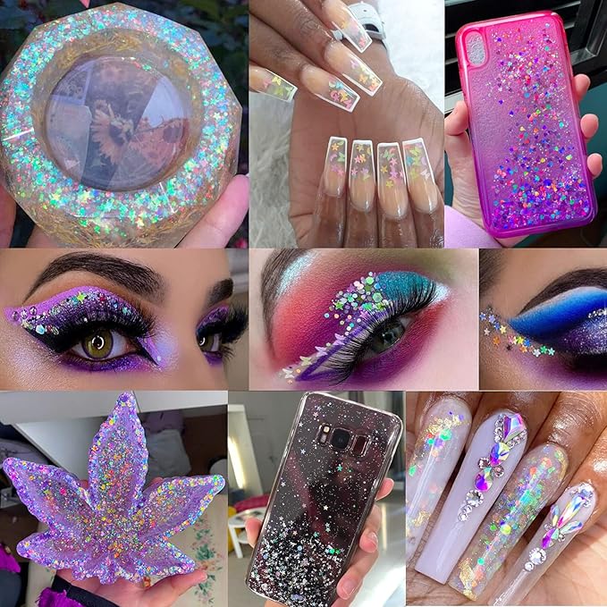 12 Colors Butterfly Star Chunky Glitter Flakes Holographic Heart Hexagon Shapes Crafts Body Glitter Sparkles Nail Sequins Stickers Accessories for Nail Arts, Resin Epoxy, Paints, Makeup