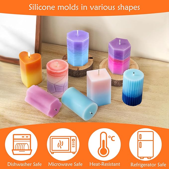 8PCS Reusable Silicone Candle Molds Set - Cylinder/Hexagon/Octagonal/Heart/Flower/Square Shapes for DIY Candle Making, Soap, Resin Crafts, Easy Release Candle Making Kit with Multiple Sizes