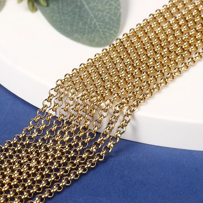 33FT Gold Rolo O Chain for Jewelry Making 2.5MM Gold PVD Plated Stainless Steel Link Chains Roll for DIY Crafts Jewelry Making