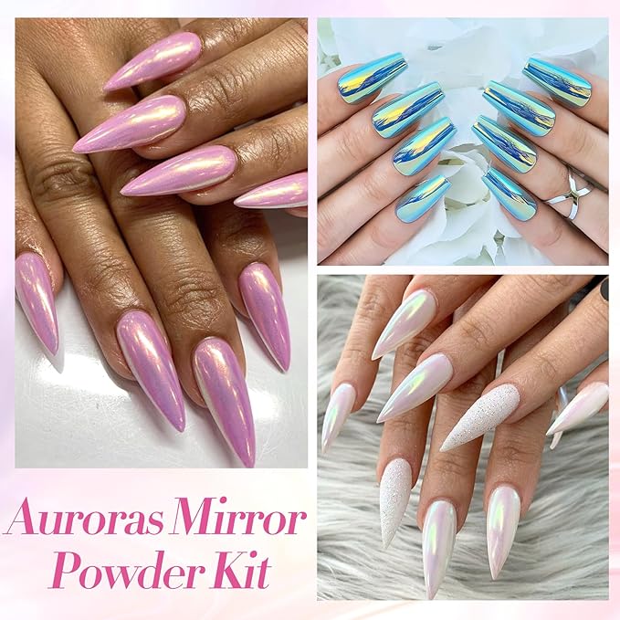 Born Pretty Chrome Nail Powder Metallic Mirror Effect Pigment Iridescent Mermaid Pearl Auroras Nail Powder Glitter Dust Kit for Gel Polish Nail Art Decoration