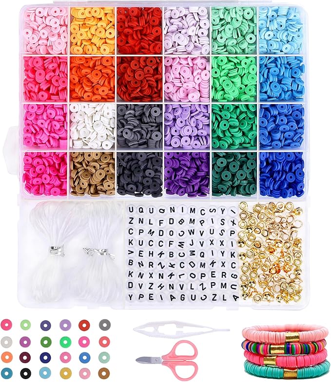 GREENTIME Clay Beads, 4500 pcs Flat Round Spacer Clay Beads Heishi Beads for Bracelets Making Kit Earring DIY Crafts for Holiday Presents (24Color 6 mm)