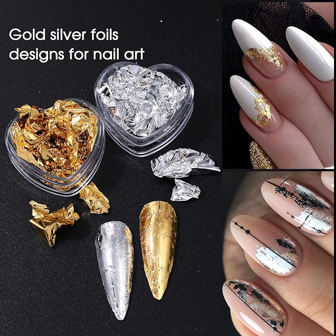 Unique Gold Flakes for Nails 12 Boxes Irregular Aluminum Golden Nail Glitter Foils Holographic Gold Foils for Nails Gradient Silver Rose-Gold Nail Art Sequins Designs DIY Charms Manicure Decorations