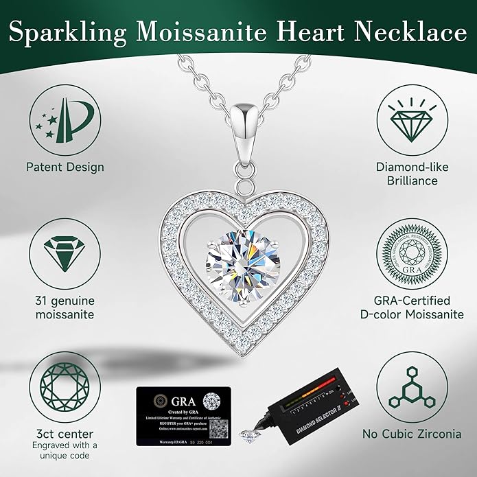 Heart Pendant Necklace for Women: Luxury Gift for Wife Girlfriend Mom/Her - 3ct D Color Moissanite - Gold Jewelry with Gift Box- Hypoallergenic & Adjustable Chain - Daily & Special Occasion Wear