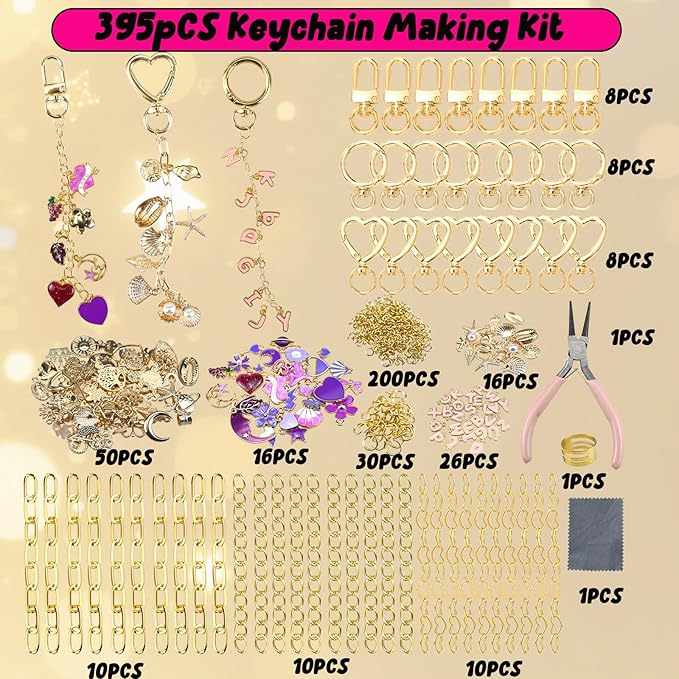 Molybdix 395Pcs Charms Keychain Making Kit—Including 24 Keychains Clips 30 Extender Chain 138 Charms, Key Ring Jewelry Plie, DIY Bag Charm & Making Keychains Jewelry Kit