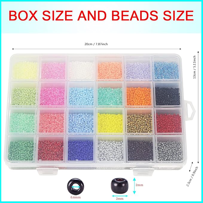 Size 12/0 Crafts Glass Seed Beads 2mm Tiny Pony Beads Assorted Kit with Organizer Box for Jewelry Making (24 Assorted Multicolor Set, Total About 24000pcs)