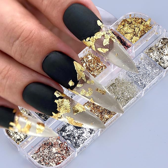 Holographic Glitter Nail Art Gold Foils,12 Colors Sparkly Champagne color and silver line Ultra-Thin Aluminum Flakes Design, Irregular Nail Sequins Acrylic Manicure Accessories DIY Charms 3D Nail Tips