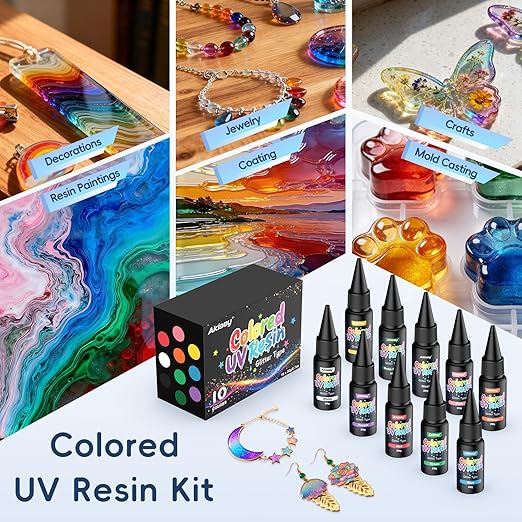Akisey UV Resin Kit - 10 Colors Colored UV Resin | Hard Glitter Type | Odorless | Low Shrinkage, Vivid Clear Color Resina UV for Jewelry Making, Casting and Coating, Crafts and Decoration