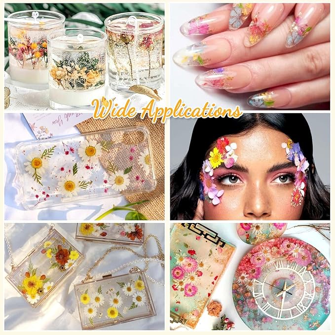 124 Pcs Dried Pressed Flowers for Resin Crafts, Real Pressed Wildflowers Natural Dry Leaves Bulk with Tweezer for Epoxy Resin Jewelry Molds, Candle Soap Making, Scrapbook, Bookmark, Nails Decor