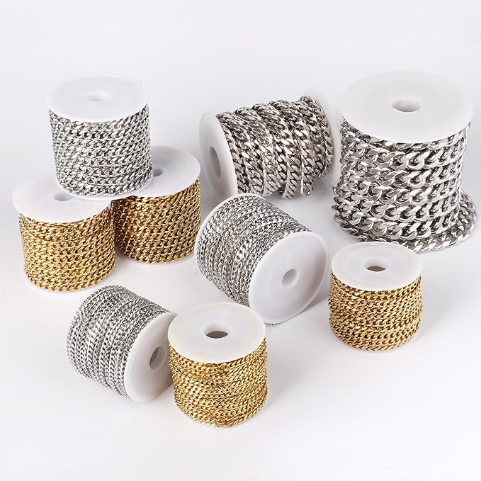 33FT Gold Cuban Chain Roll 3MM 18K Gold Plated Diamond-Cut Curb Link Chains Spool Bulk for DIY Crafts Jewelry Making