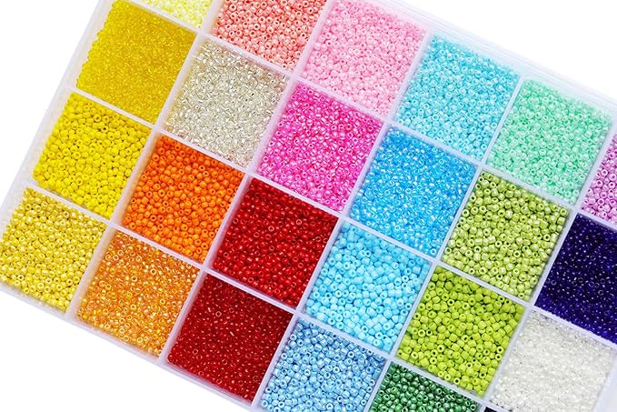 Glass Seed Beads Assorted Kit - Size 12/0 (2mm Tiny), 24 Multicolor Options (24,000pcs Total) with Organizer Box for Adult DIY Jewelry Making