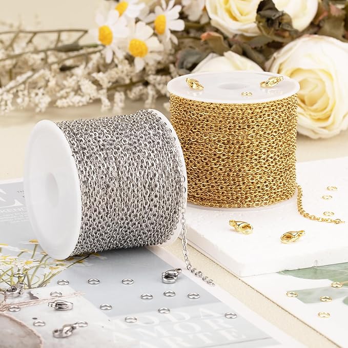 SMYHTGLIF Total 65.6 Feet Gold & Silver Jewelry Making Chains 2 Rolls Stainless Steel Chain for Jewelry Making Thin Oval Cable Chain Craft Chain Bulk