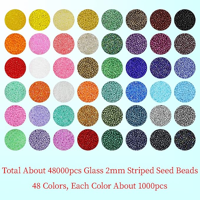 Glass Seed Beads Assorted Kit - Size 12/0 (2mm Tiny), 48 Multicolor Options (48,000pcs Total) with Organizer Box for Adult DIY Jewelry Making
