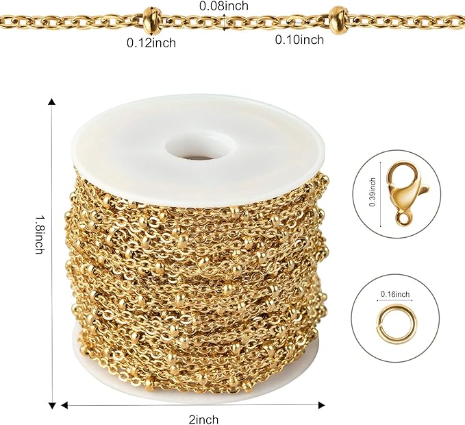 Kyutong 10M Gold Stainless Steel Jewelry Chain in Bulk Beaded Cable Link Chain Roll with Jump Rings and Lobster Clasps for DIY Jewelry Making Supplies