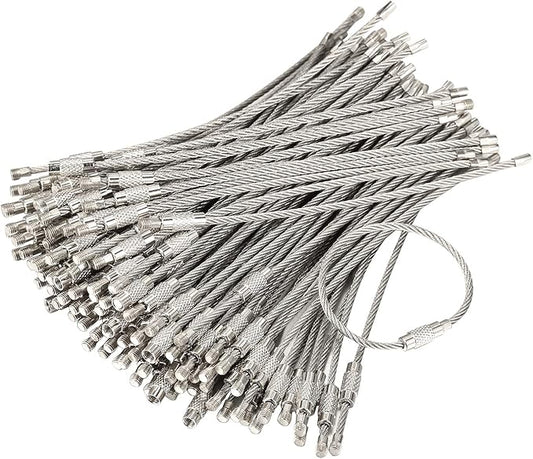 bayite Pack (100) Stainless Steel Wire Keychains Cable, Key Rings, Heavy Duty Luggage Tags Loops Tag Keepers 2mm Twist Barrel (Cable Length: 4.7 inches)