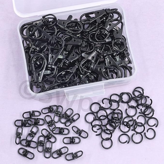 Swpeet Assorted 150Pcs Black Keychain Making Kit, 50Pcs Swivel Lobster Claw Clasps, 50Pcs Rotating 8-Shaped Buckle Claw Clasp, 50Pcs Jump Ring, Swivel Trigger Hook, Swivel Clasps Lanyard Snap Hook