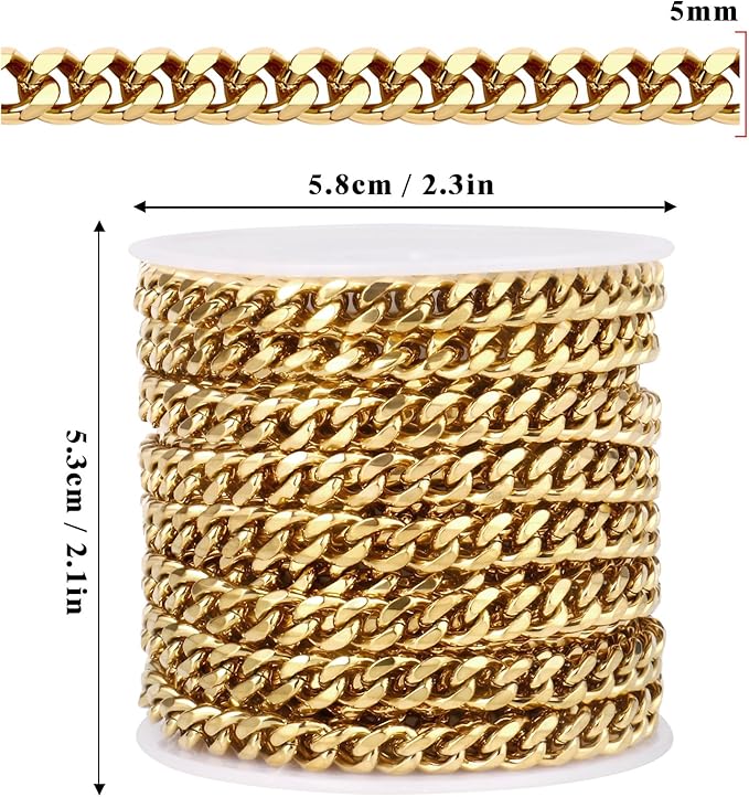 16.5FT Gold Cuban Chain Roll 5MM 18K Gold Plated Diamond-Cut Curb Link Chains Spool Bulk for DIY Crafts Jewelry Making