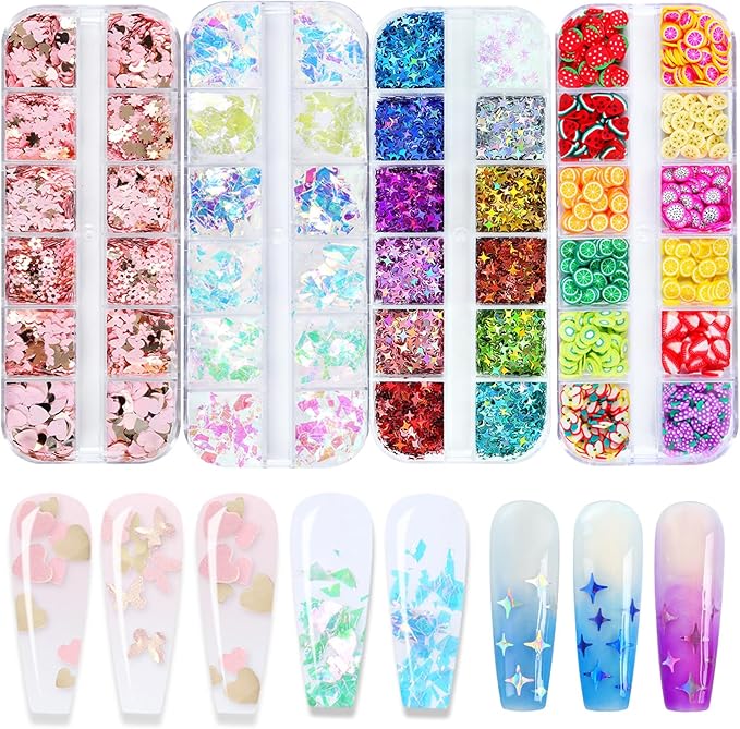 AddFavor 4 Boxes Holographic Nail Glitter Mixed Butterfly Heart Star Sequins Iridescent Flakes Fruit Nail Slice for Nail Art Decorations Supplies