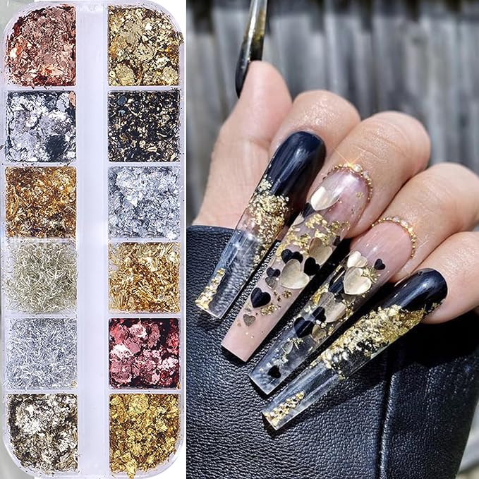 Holographic Glitter Nail Art Gold Foils,12 Colors Sparkly Champagne color and silver line Ultra-Thin Aluminum Flakes Design, Irregular Nail Sequins Acrylic Manicure Accessories DIY Charms 3D Nail Tips