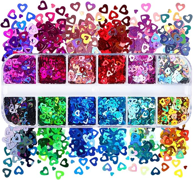 12 Colors Heart Nail Art Glitter Sequins, 3D Love Heart Nail Flakes Designs, Holographic Laser Big Small Hearts Nail Art Supplies for Women Girls Manicure Sparkle Decorations, DIY Body Makeup Crafts