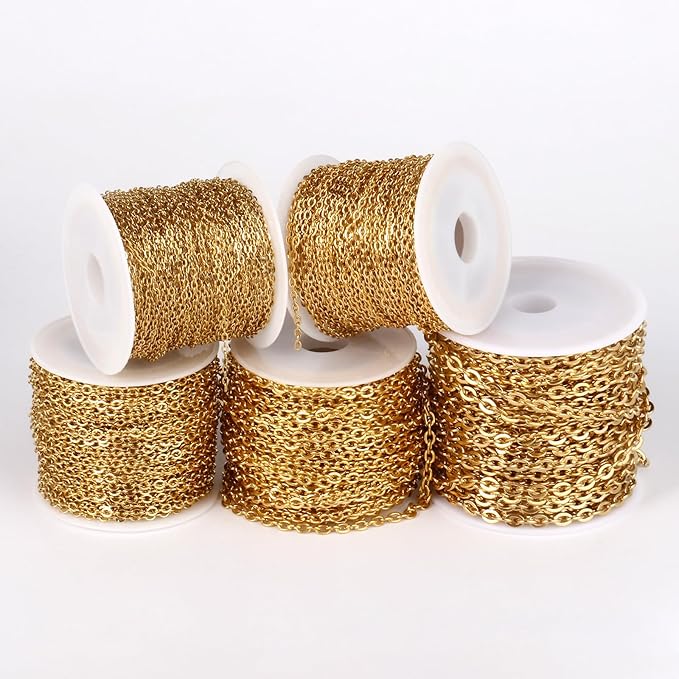 33 Feet 18K Gold PVD Plated Stainless Steel Cable Chain Bulk, 1.5mm 304 Stainless Steel Flat Cable Link Chains Roll Spool for Jewelry Making Necklace DIY Craft