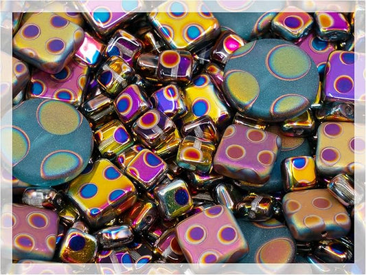 1.75 oz (50g) Mix of Unique Czech Bohemia Glass Pressed Beads, Blue Violet Pink Vitrail Sliperit, Dot Patterned, Matte and Glossy, Hand Made BCV